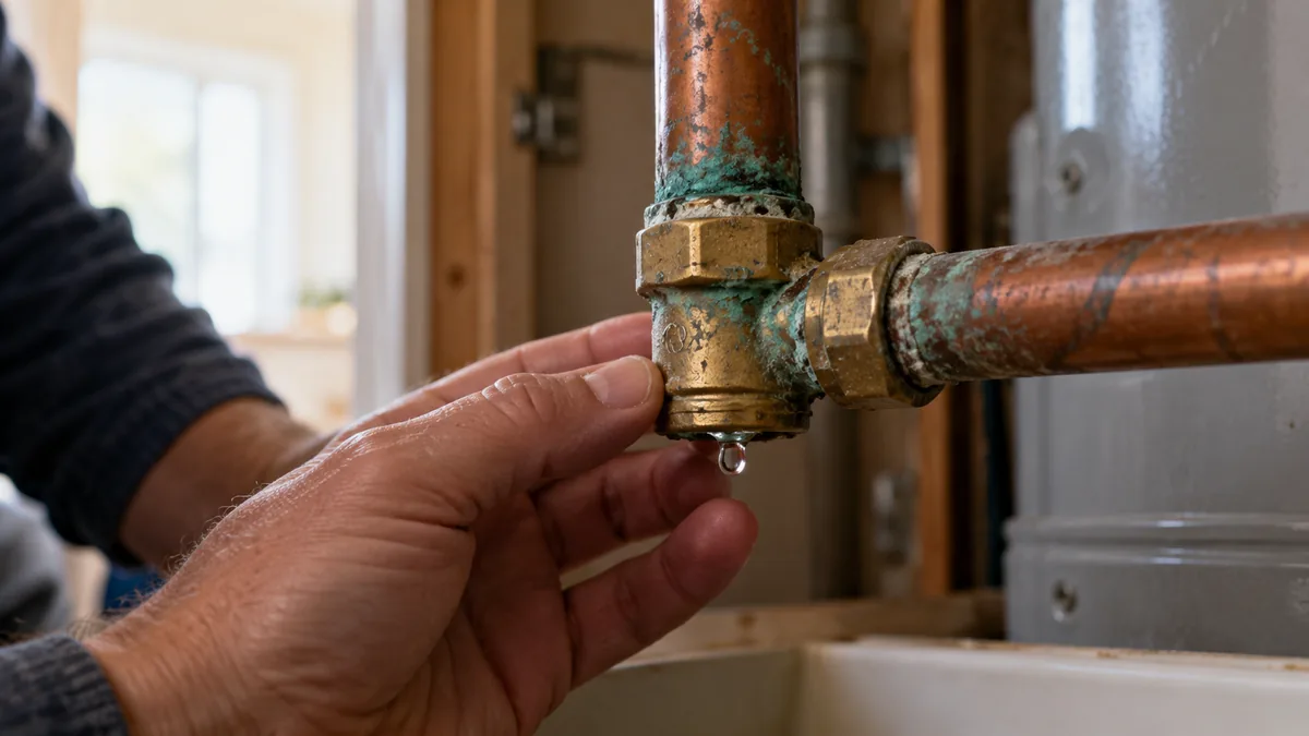 Corroded copper pipe connection with a water droplet at a brass fitting