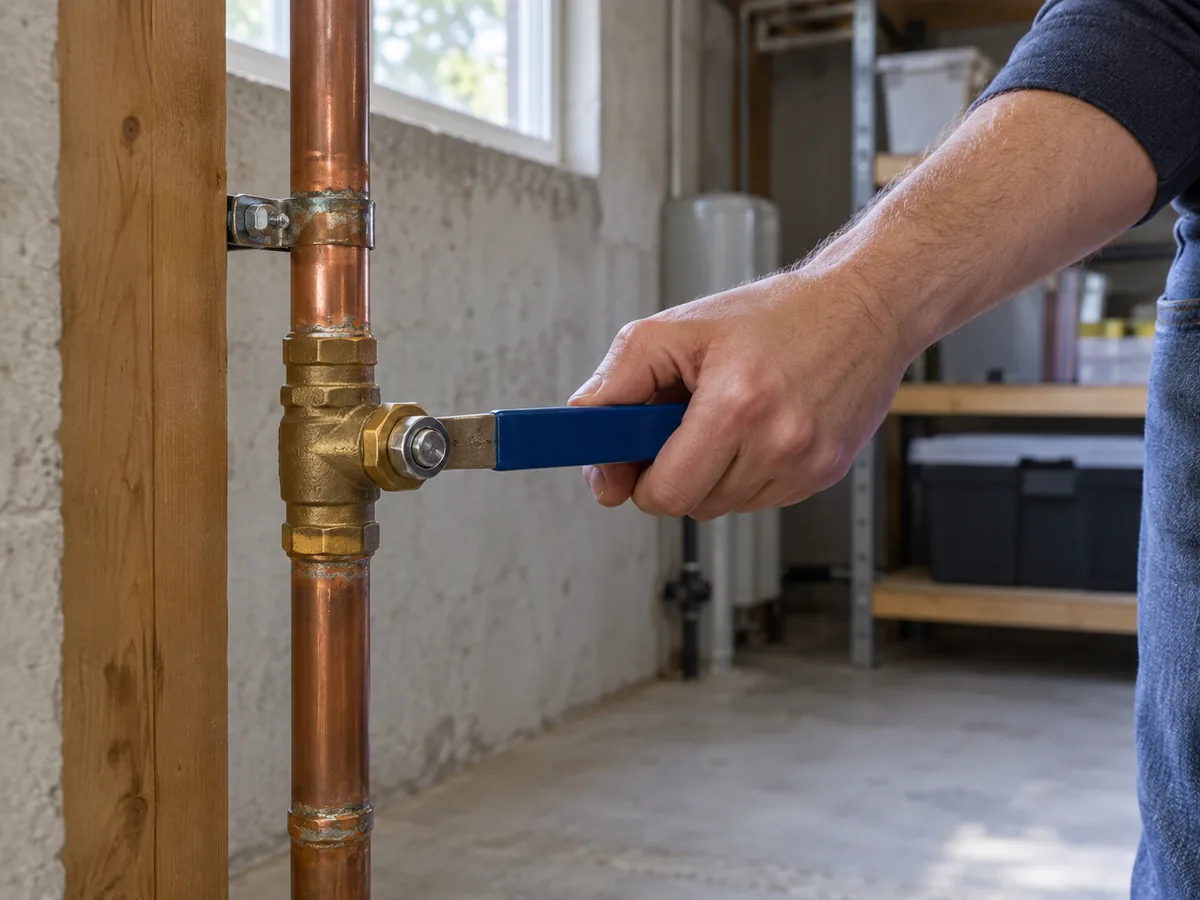Accessible lever-style main water shutoff valve on a residential copper line