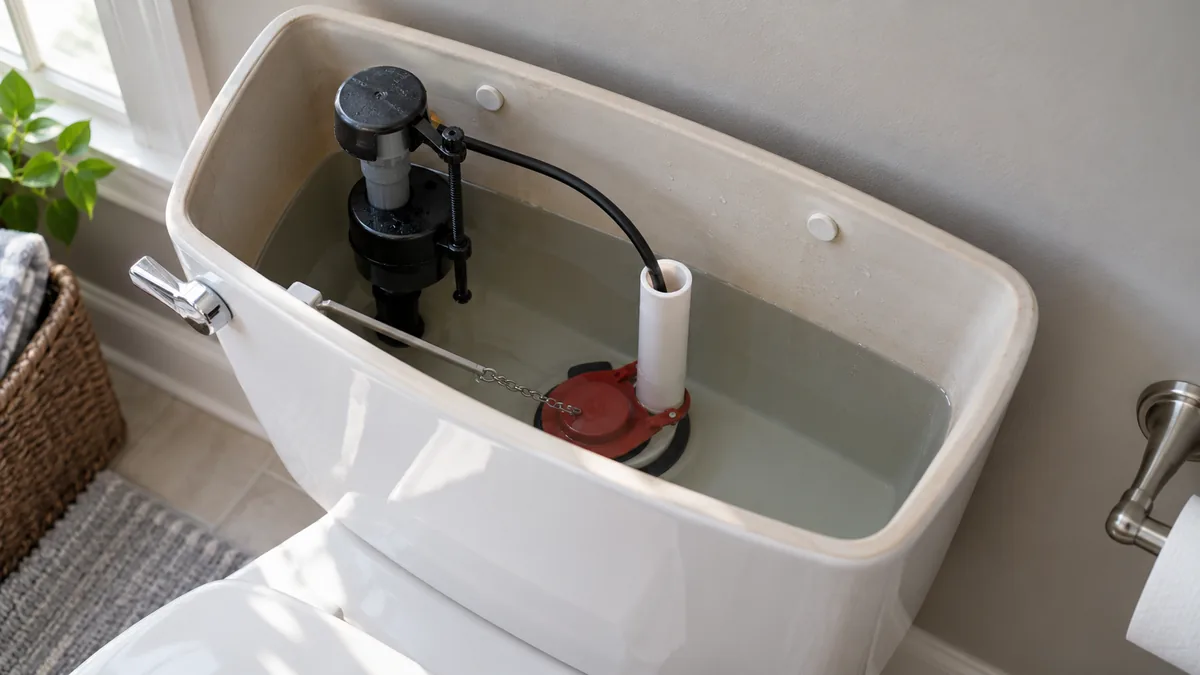 Open intact toilet tank with fill valve, overflow tube, and flapper