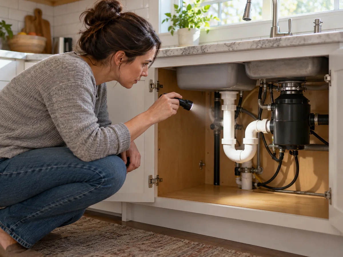 Homeowner visually checking accessible plumbing beneath a sink with a flashlight