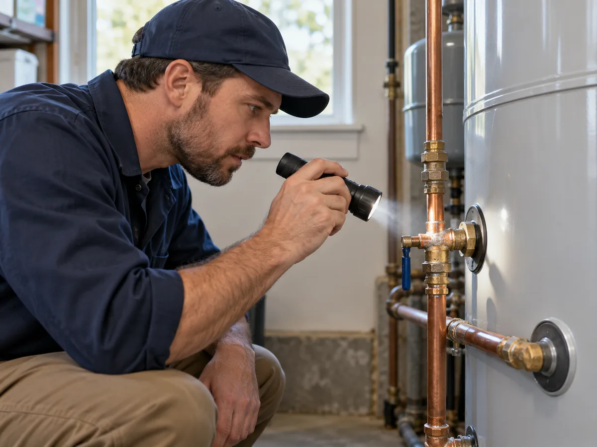 Plumber using a flashlight to inspect external water heater connections