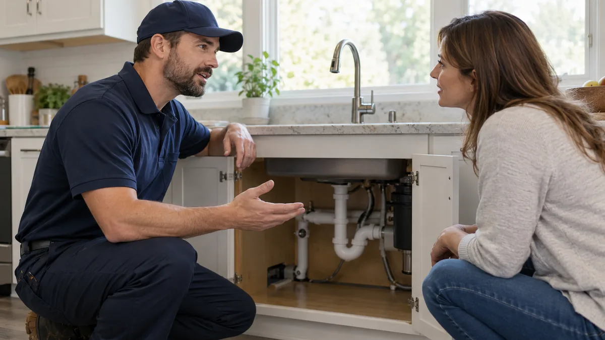 Plumber discussing a kitchen plumbing concern with a homeowner