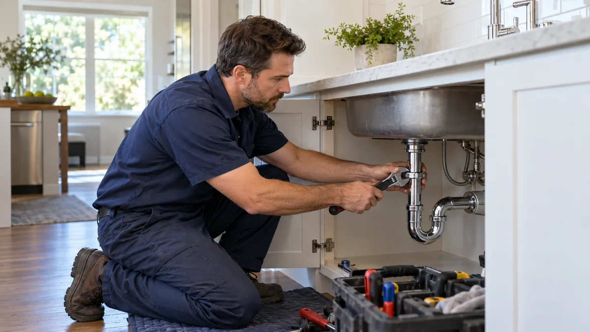 Plumber inspecting and adjusting drain pipes beneath an open kitchen sink cabinet