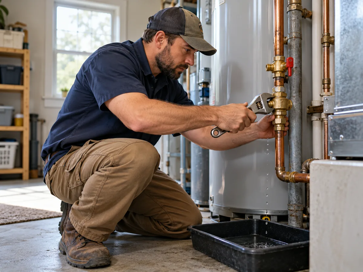 Plumber using a wrench on an accessible pipe connection above a catch tray