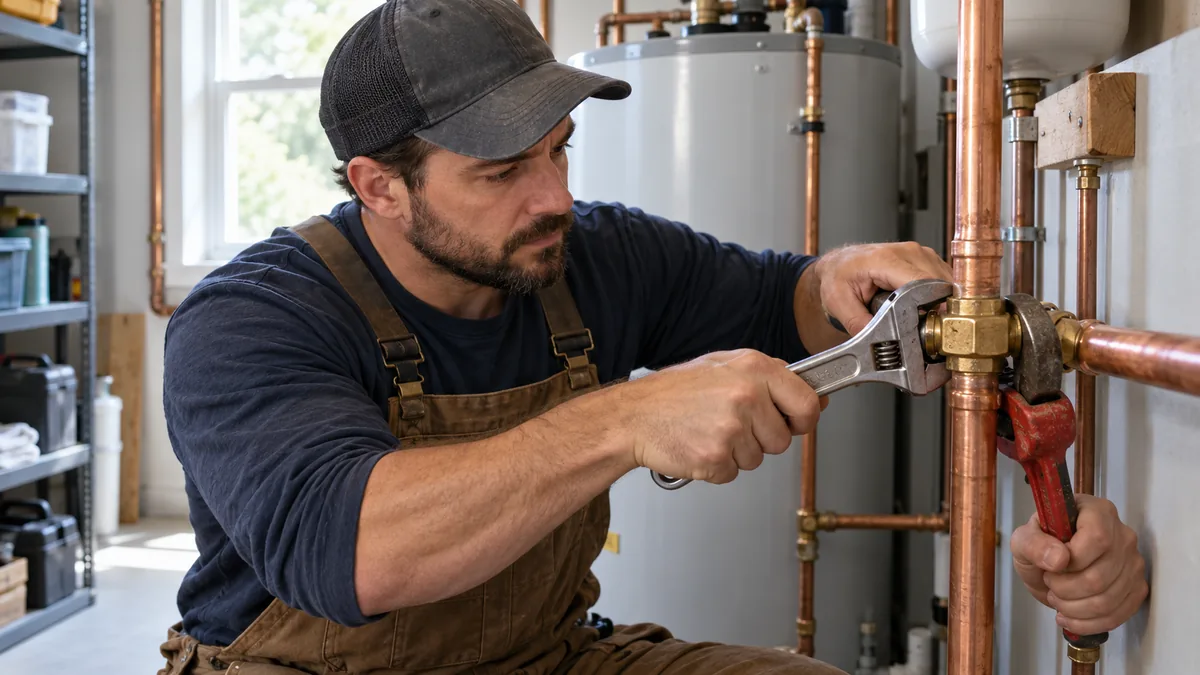 Plumber working with wrenches on an exposed residential copper pipe connection