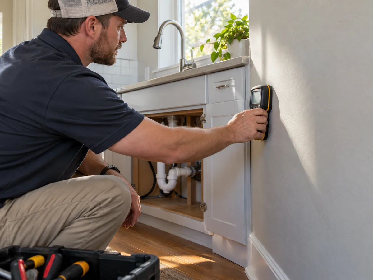 Technician holding a pinless moisture meter against an interior kitchen wall