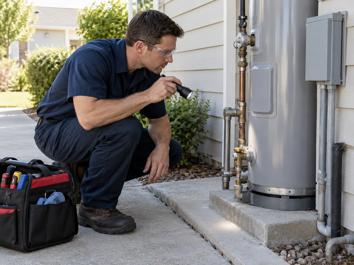 Technician using a flashlight to inspect accessible external water heater components